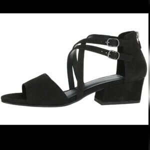 Eileen Fisher Kyra Black Leather Criss Cross Strappy Block Heel Sandals Size 6.5